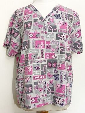 ScrubWear Pink and Gray Butterfly Print Two Pockets Breast Cancer Scrub Top 2X